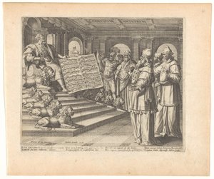 Motetprent en titelblad met Salomo als componist van het Hooglied (Canticum Canticorum, Hooglied van Salomo) door Johann Sadeler (I)