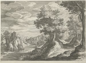 Rivierlandschap met een kasteel door Johann Sadeler (I)