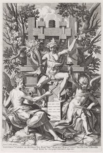 Bacchus Zittend op een Vat tussen Amor en Muziek door Johann Sadeler I