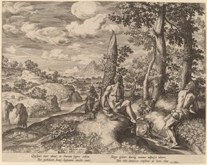 Landschap met Drie Naakte Mannen en een Hond door Johann Sadeler I