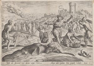 De opzichter van de farao die de Israëlieten slaat door Johann Sadeler I