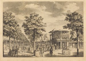 Vauxhall Gardens toont de Grote Wandelgang bij de ingang van de tuin en het orkest met muziek door Johann Sebastian Müller after Samuel Wale
