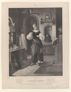 Interieur met vrouw met ring in haar hand door Johann Sprick