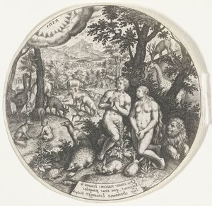 God spreekt met Adam en Eva in het Paradijs door Johann Theodor de Bry