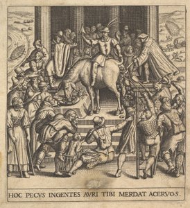 Mannen verzamelen mest die uit de achterhand van een muilezel valt, met een ruiter die zit door Johann Theodor de Bry