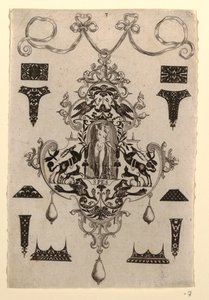 Hangerontwerp met de Deugd Hoop, Plaat 3, uit een serie van acht hangerontwerpen met de kardinale deugden door Johann Theodor de Bry