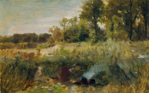 Oeverlandschap met kinderen bij het vuur