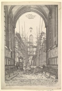 Uitzicht op de kerk van de Franciscanen in Neurenberg onder reconstructie, uit de serie V....n.d. door Johann Ulrich Kraus