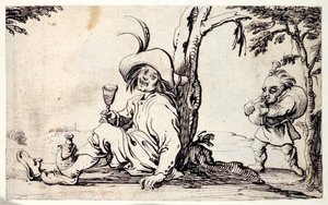 Landman zittend en verfrissend en een dwerg met doedelzakken door Johann Wilhelm Baur