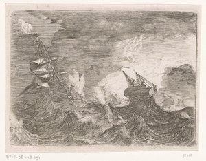 Vijf zeilschepen op zee tijdens een storm
