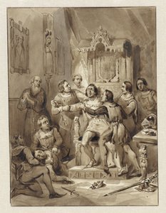 Graaf Willem V wordt krankzinnig en vermoordt Gerrit van Wateringen, 1357 door Johann Wilhelm Kaiser (I)