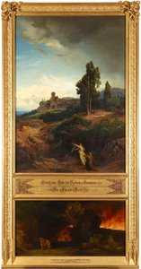 Abrahams Bitte für Sodom (oben). Die Flucht Lots (unten). Aus dem Zyklus "Zwölf biblische Landschaften mit der Geschichte Abrahams" door Johann Wilhelm Schirmer