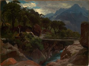 Zwitserse bergrivier met voetbrug door Johann Wilhelm Schirmer