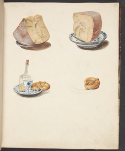 Stilleven met kaas, schnaps en pretzel door Johanna Fosie