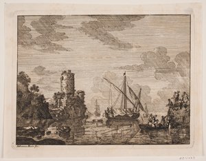 Schepen op een rivier. Links een toren