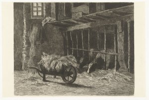 Interieur van stal met koeien en kruiwagen met hooi door Johanna Henriëtte Besier