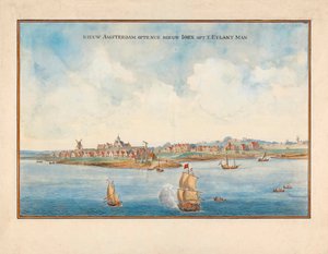 New York vanaf de zee in de 17e eeuw door Johannes (after) Vingboons