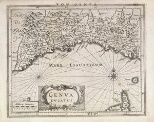 Hertogdom Genua, kaart door Jan Baptist Vrients uit Duitse atlas, kopergravure, helft van de 17e eeuw
