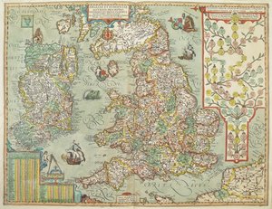 Kaart van Engeland en Ierland getekend in 1606 (gekleurde gravure) door Johannes Baptista Vrints
