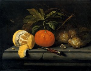 Vruchten op een stenen tafel, c1653-1659