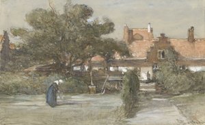 Binnenplaats van het Heilige Geesthofje aan de Palviljoensgracht in Den Haag door Johannes Bosboom