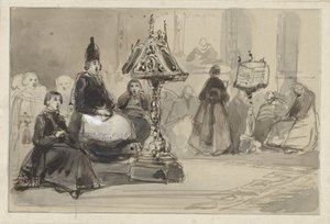 Kerkinterieur met zingende bisschop en nonnen door Johannes Bosboom