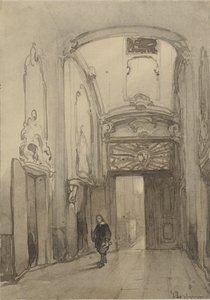 Rococo portaal in het stadhuis in Den Haag met een man in zeventiende-eeuws kostuum
