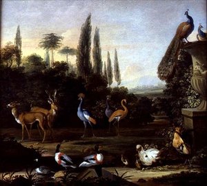 Een parklandschap met herten en exotische vogels door Johannes Bronckhorst