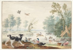 Een hond en eenden bij het meer door Johannes Bronckhorst