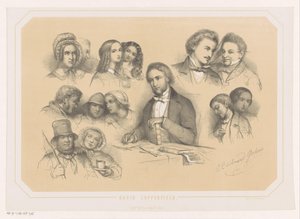 Charles Dickens te midden van figuren uit David Copperfield