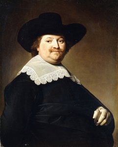 Portret van een heer, halflang, gekleed in een zwart kostuum met een witte kanten kraag en een zwarte hoed