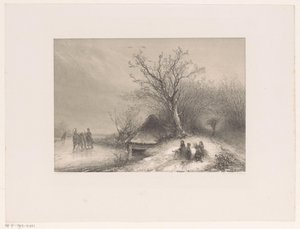 Wintergezicht met arrenslee op het ijs door Johannes Franciscus Hoppenbrouwers