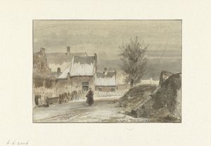 Wintergezicht met vrouw staand op het ijs door Johannes Franciscus Hoppenbrouwers