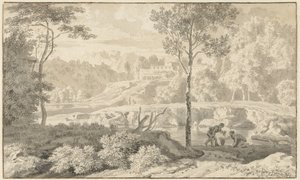 Arcadisch landschap met figuren bij een meer door Johannes Glauber