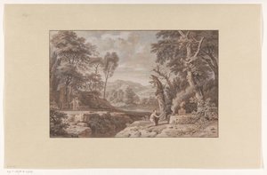 Arcadisch landschap met een offerscène door Johannes Glauber