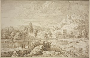 Italiaans landschap met gebouw, op de weg een herder met schapen, links drie figuren door Johannes Glauber