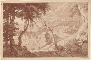 Berglandschap met twee rustende mannen door Johannes Glauber