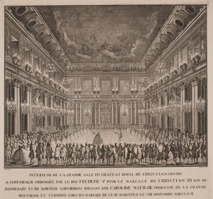 Hofballet in de ridderzaal van Christiansborg bij het huwelijk van Christian VII met Caroline Mathilde door Johannes Gottfred Bradt