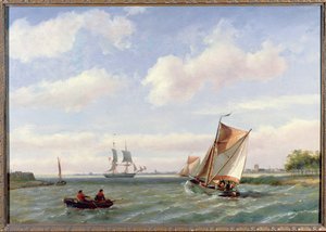 Vissersboot in een riviermonding door Johannes Hermann Barend Koekkoek