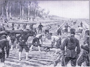 Japanse ingenieurs bouwen een houten weg voor troepen, illustratie uit Cassells History of the Russo-Japanese War Vol 1, ca. 1900 door Johannes Hermann Barend Koekkoek