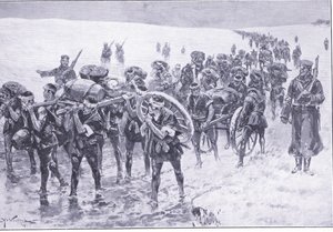 Japanners op mars. Mannen in plaats van pakpaarden, illustratie uit Cassells History of the Russo-Japanese War Vol 1, ca. 1900 door Johannes Hermann Barend Koekkoek