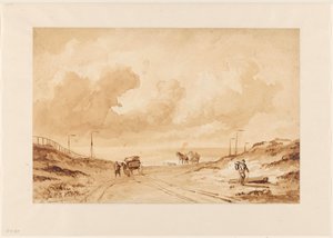Landschap met weg tussen duinen naar zee door Johannes Hermanus Barend Koekkoek