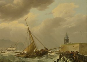 Schepen in stormachtige zeeën door Johannes Hermanus Koekkoek