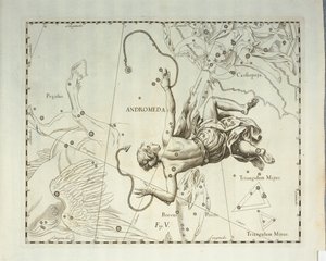 Boreale constellatie van Andromeda, gravure uit de sterrenatlas Firmamentum Sobiescianum sive Uronographia, door Johann Hevelius, Gdansk door Johannes Hevelius
