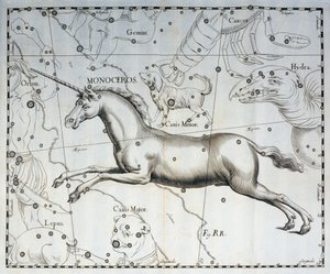Monoceros, sterrenbeeld Eenhoorn, gravure uit de sterrenatlas Firmamentum Sobiescianum sive Uronographia