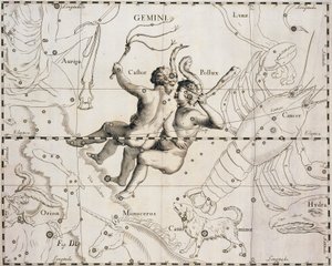 Het sterrenbeeld Tweelingen, illustratie uit Firmamentum Sobiescianum sive Uranographia, door Johann Hevelius (1611-1687), Gdansk 1690 door Johannes Hevelius