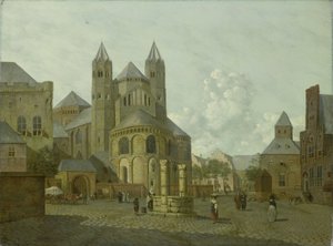 Denkbeeldig stadsgezicht met Romaanse kerk