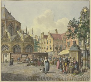 Links het koor van een kerk, rechts een fonteinhuis, met groenteverkoopsters door Johannes Huibert Prins
