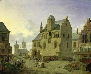 Stadsplein met figuren en boeren die op een markt handelen