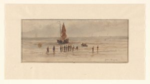 Strandgezicht met vissers en zeilschip door Johannes Huygens (signed by artist)
